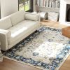 Machine Washable Area Rug 5x7, Non-Slip Boho Floral Print Floor Carpet for Living Room, Bedroom, Dining Room, Blue