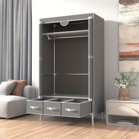 Portable Clothes Closet Rolling Door Wardrobe with Hanging Rack Non-Woven Fabric Storage Organizer with Three Drawer Boxes No-Tool Assembly - 67in*35. (Color: Grey-67in*35.4in*17.7in)